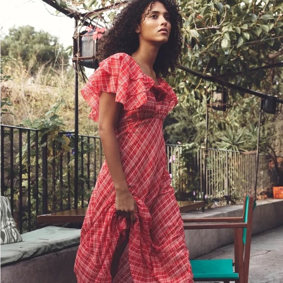 NWT Doen Nevara Cotton Rosette Short Sleeve Midi Maxi Dress Sylvie Plaid Red - Picture 4 of 12